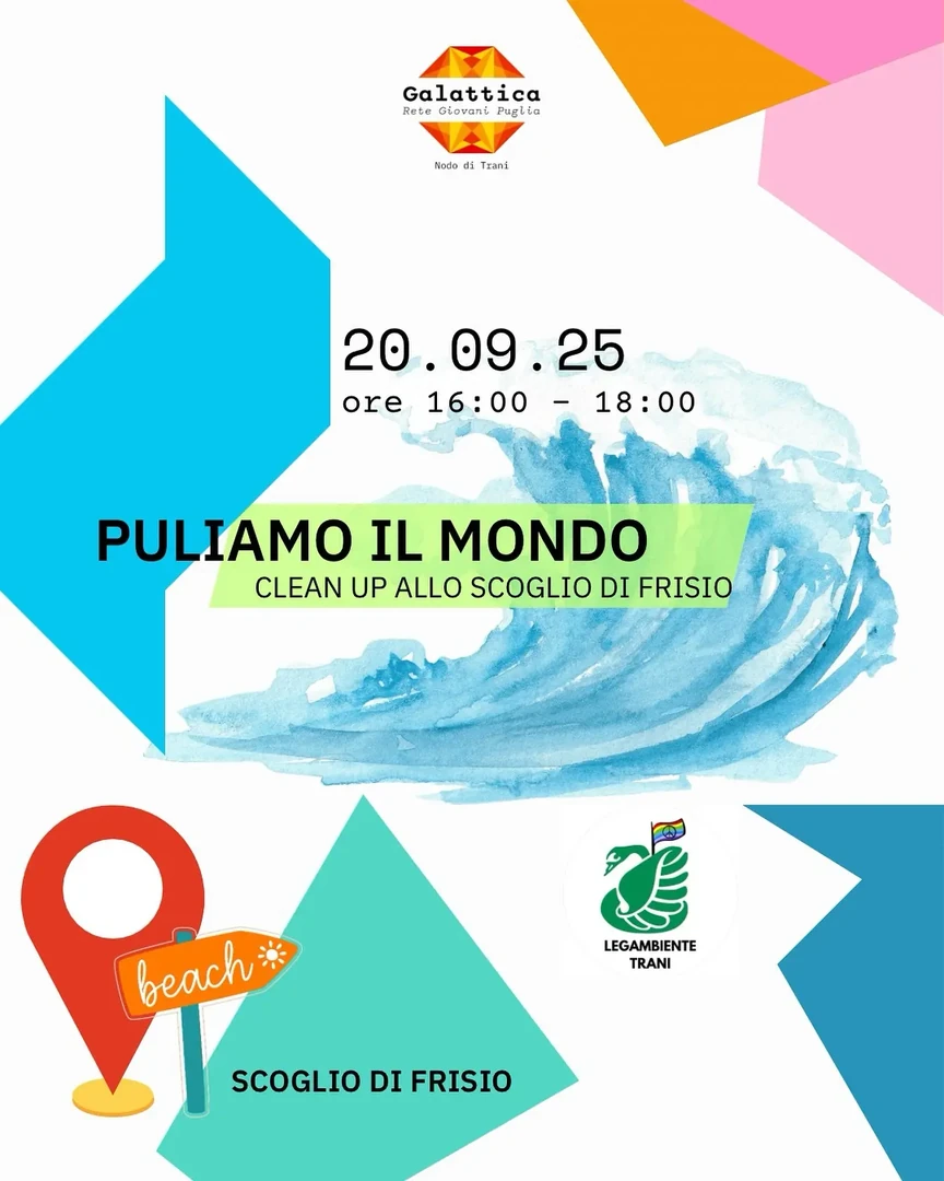 Sabato 20 Settembre 2025 dalle 16:00 alle 18:00, nell'ambito della campagna nazionale “Puliamo il mondo”, Legambiente Trani APS organizza un evento di pulizia delle spiagge presso lo Scoglio di Frisio di Trani, insieme a Il colore degli Anni, Libera Trani, Trani Bene Comune, ASD Tommaso Assi, Triathlon Team.