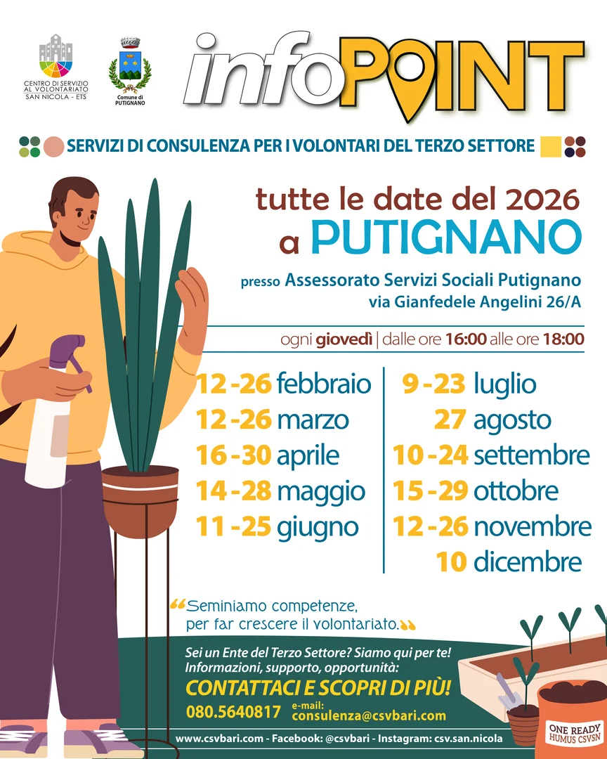 Calendario 2026 Putignano Info point Centro di Servizio al Volontariato San Nicola ETS