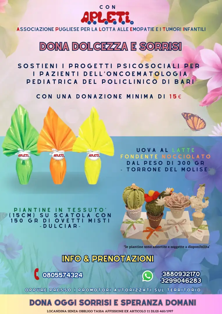 Torna la Campagna di raccolta fondi di Pasqua dell'Associazione Per la Lotta contro le Emopatie ed i Tumori dell'Infanzia - APLETI: con un contributo minimo di 15€ puoi scegliere: Uovo di cioccolato (300g) realizzate da Torrone del Molise, disponibili in 3 gusti (latte, fondente, nocciolato) Piantine in tessuto su scatola contenente 150g di ovetti assortiti prodotti da Dulciar