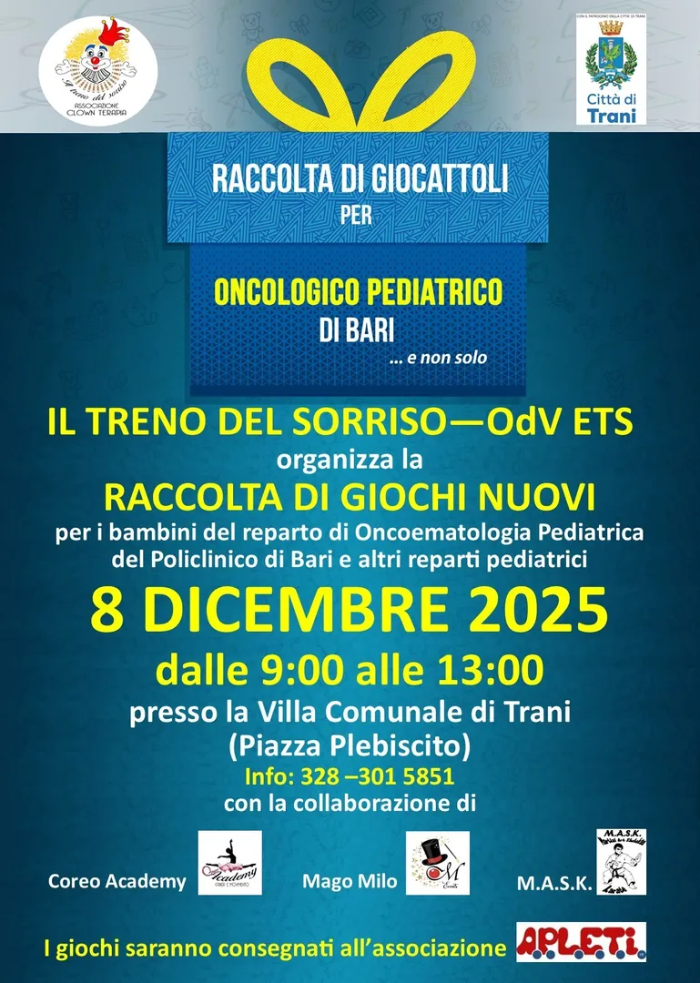 Domenica 8 Dicembre 2025 dalle 9:00 alle 13:00, Il Treno del Sorriso OdV organizza la 9ª edizione della Raccolta di giocattoli destinati a piccoli e piccole pazienti dei reparti pediatrici, presso la Villa Comunale di Trani, in piazza Plebiscito.