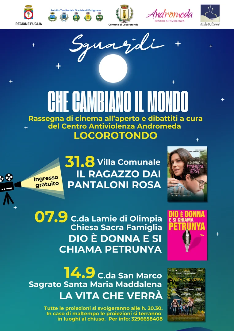 Dal 31 Agosto al 14 Settembre 2026 alle 20:30, il Centro Antiviolenza Andromeda propone a Locorotondo la rassegna cinematografica “Sguardi che cambiano il mondo”.