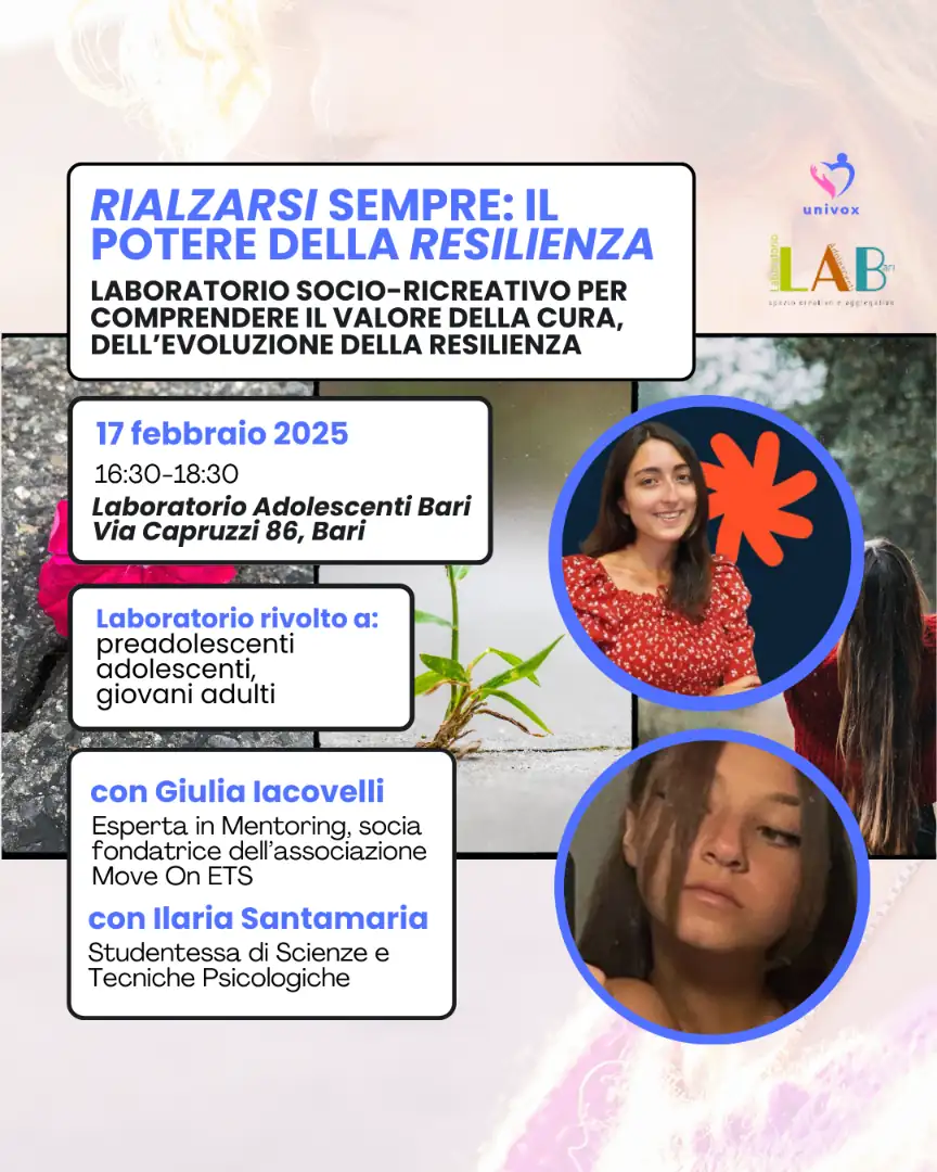 Lunedì 17 Febbraio 2025 dalle 16:30 alle 18:30, l'APS Univox ETS promuove il laboratorio socio-educativo “Rialzarsi sempre: il potere della resilienza”, presso il LAB - Laboratorio Adolescenti Bari, in via Capruzzi 86 a Bari.