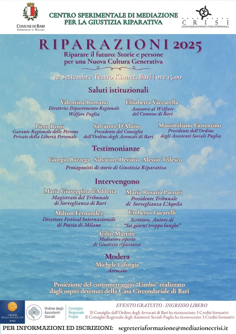 Venerdì 12 Settembre 2025 alle 15:00, il Centro Sperimentale di Mediazione per la Giustizia Riparativa del Comune di Bari, gestito dalla cooperativa CRISI, presso il Teatro Kismet di Bari.