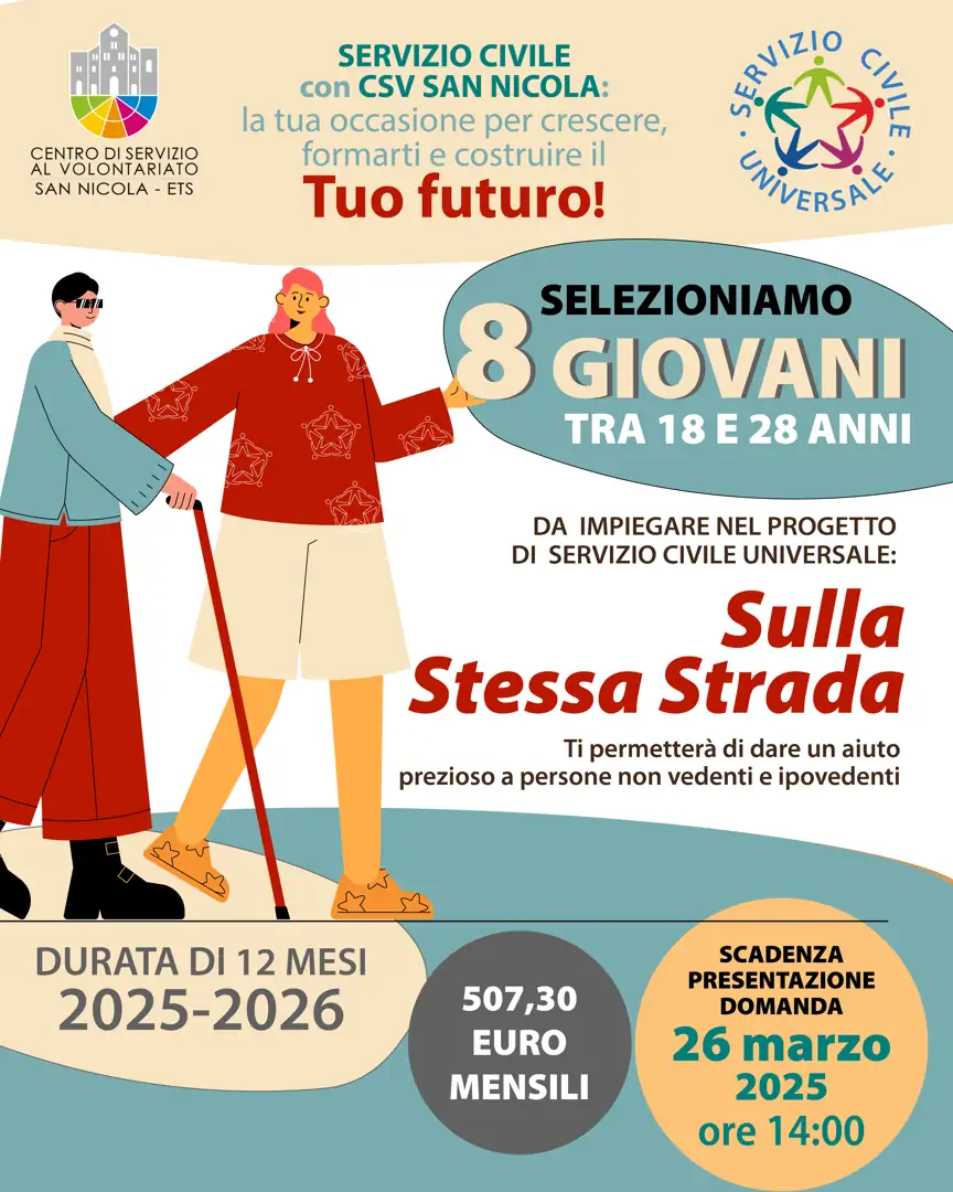 Il Centro di Servizio al Volontariato San Nicola ETS seleziona 8 giovani dai 18 ai 28 anni da inserire nel progetto di Servizio Civile Universale “Sulla stessa strada”, un’opportunità per aiutare persone non vedenti, ipovedenti e con minorazioni aggiuntive.