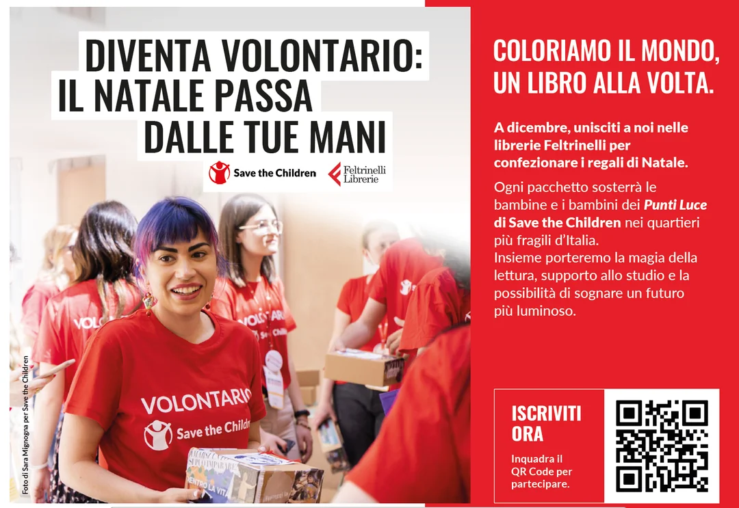 Dal 28 Novembre al 24 Dicembre 2025, Save the Children cerca volontarie e volontari a sostegno della raccolta fondi per la campagna “Coloriamo il mondo, un libro alla volta”.