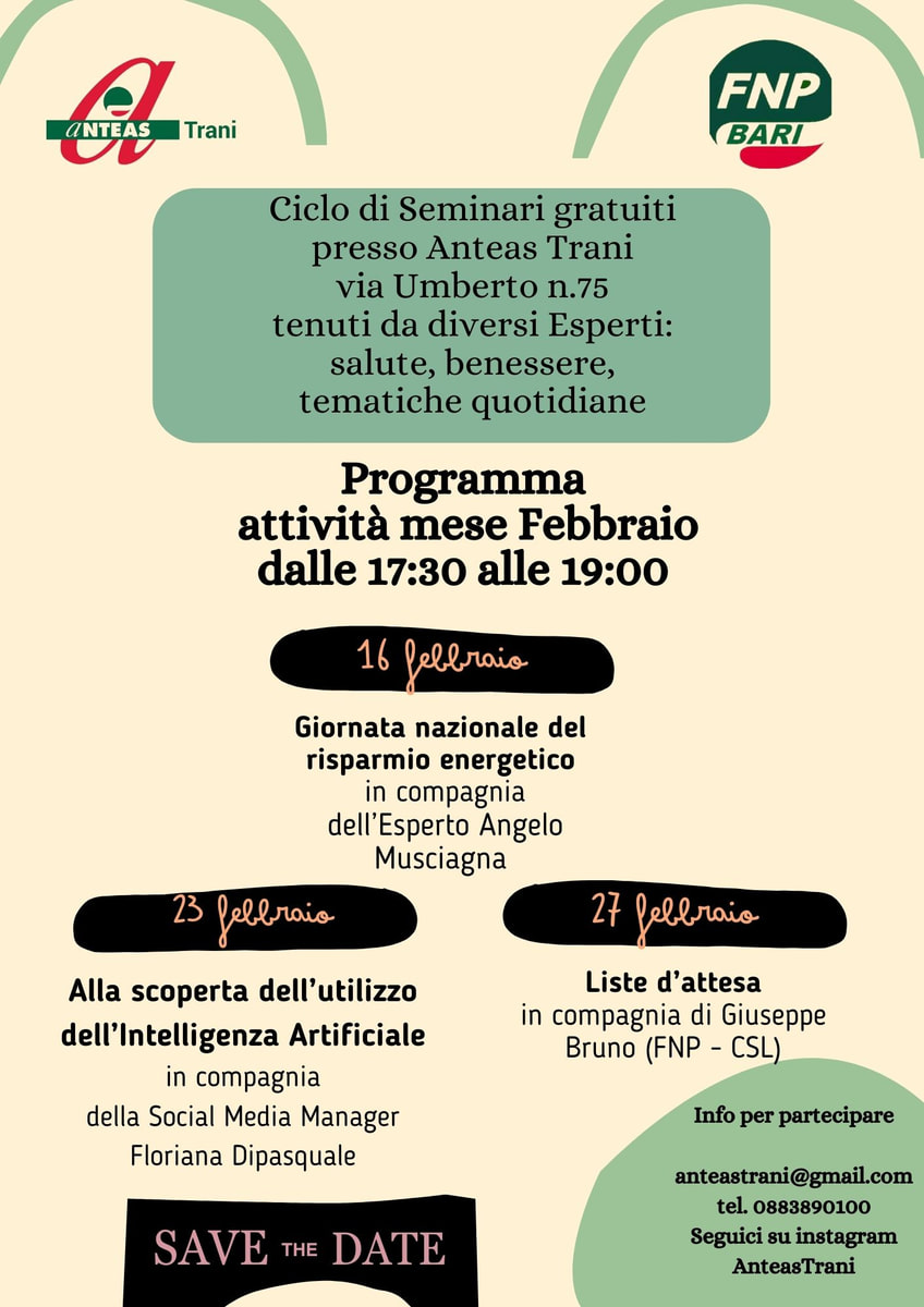 Seminari gratuiti Anteas Trani Febbraio 2024