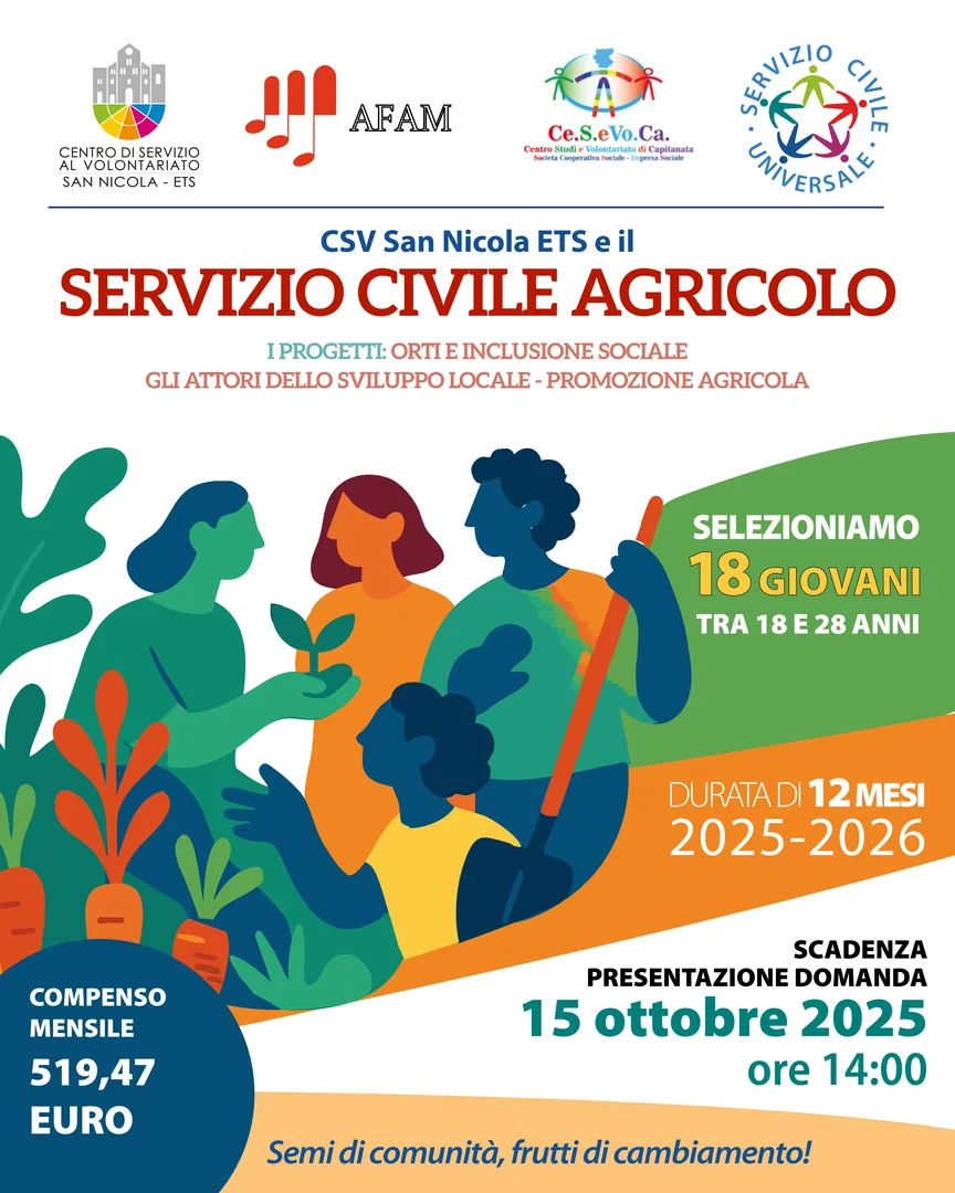 Hai tempo fino al 15/10/2025 alle ore 14:00 per candidarti ai progetti di Servizio Civile Agricolo della rete del Centro di Servizio al Volontariato San Nicola ETS. I progetti durano 12 mesi, richiedono un impegno di 25 ore settimanali e prevedono un compenso mensile di 519,47€.