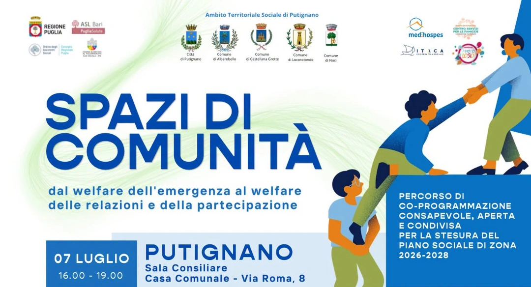 L’Ambito Territoriale Sociale di Putignano avvia “Spazi di comunità - Dal welfare dell’emergenza al welfare delle relazioni e della partecipazione”, il percorso di co-programmazione consapevole, aperta e condivisa per la stesura del Piano Sociale di Zona 2026-2028. Il primo appuntamento del percorso che ha come focus “Famiglie e Comunità Educanti” si tiene martedì 7 Luglio 2026 dalle 16:00 alle 19:00,a Putignano nella Sala Consiliare - Casa Comunale, in via Roma 8.