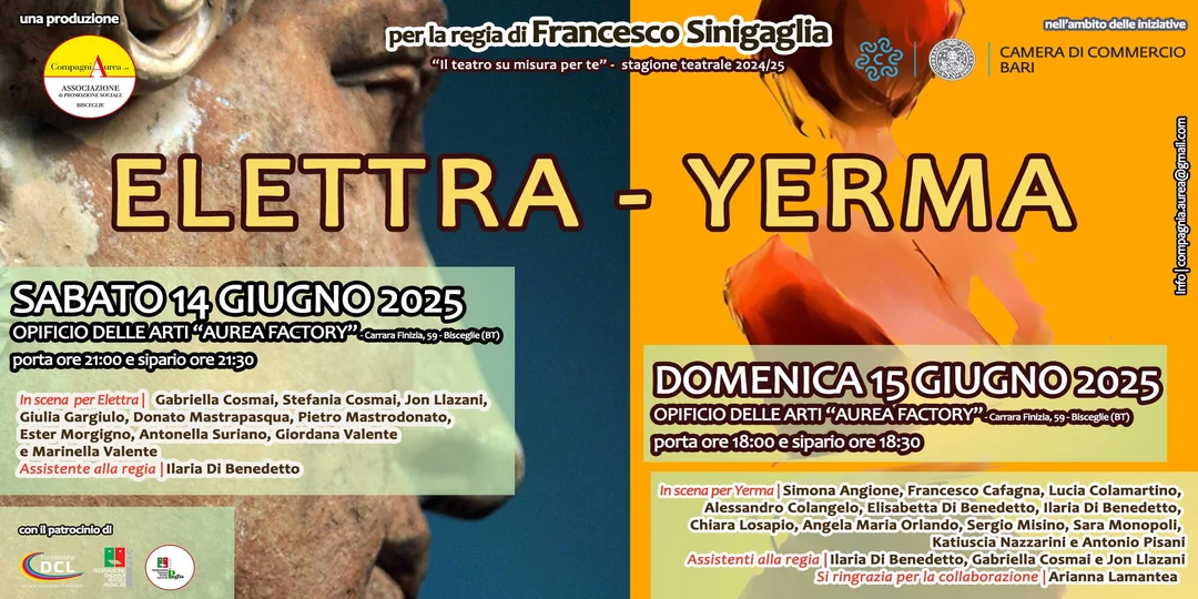 Sabato 14 Giugno 2025 alle 21:00 e domenica 15 Giugno 2025 alle 18:00, la CompagniAurea di Francesco Sinigaglia – APS torna in scena con lo spettacolo “Elettra-Yerma”, rappresentazione conclusiva del laboratorio teatrale della stagione 2024/25, presso l’Opificio delle Arti “Aurea Factory”, in via Carrara Finizia 59, a Bisceglie.