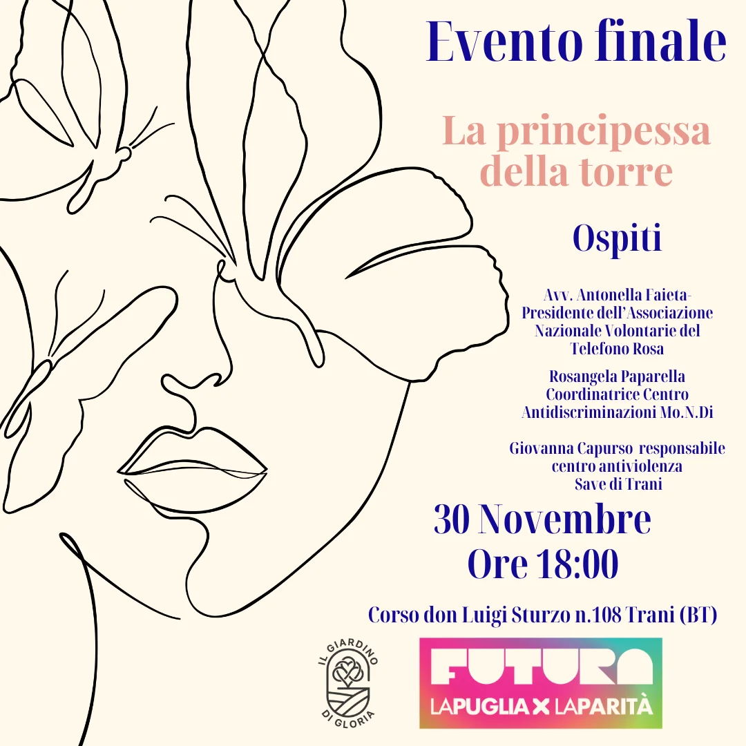 Domenica 30 Novembre 2025 alle 18:00, Il giardino di Gloria OdV promuove lo spettacolo di burattini “La principessa della torre”, presso la sede operativa dell’associazione in corso don Luigi Sturzo 108 a Trani. A portare in scena la storia, le bambine e i bambini dell’associazione che racconteranno con la propria voce cosa intendono per parità di genere. Evento aperto a tutta la cittadinanza: ingresso libero.