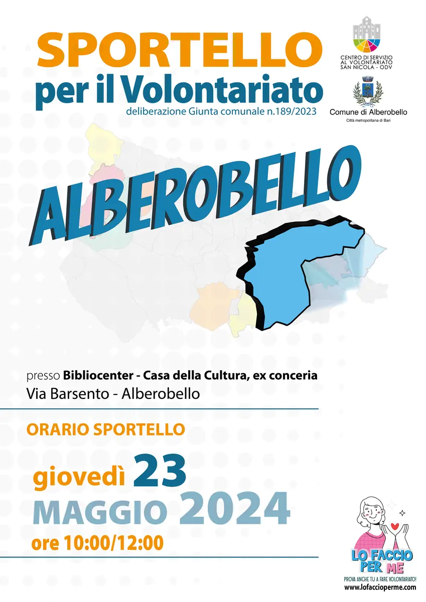 Sportello per il Volontariato Alberobello Maggio 2024 CSV San Nicola
