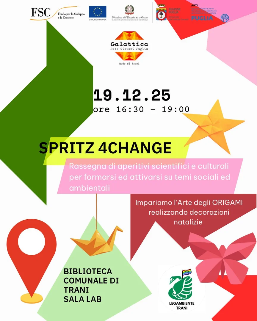 Venerdì 19 Dicembre 2025 dalle 16:30 alle 18:30, Legambiente Trani APS, in collaborazione con il nodo Trani di Galattica, organizza il terzo Spritz4Change “Creare e riutilizzare, immaginando un Natale più sostenibile”, nella Sala Ronchi della Biblioteca Comunale “Giovanni Bovio” di Trani.