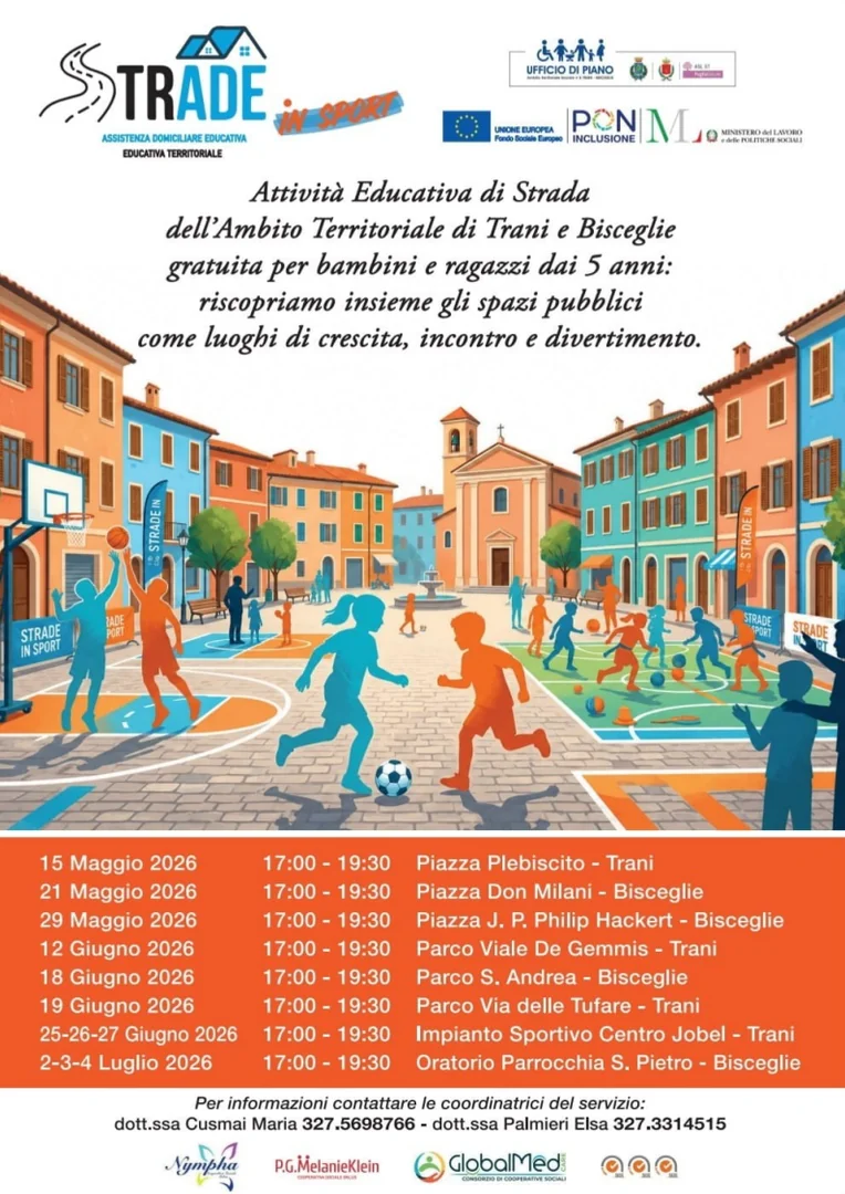 Dal 15 Maggio al 4 Luglio 2026, l’Ambito Territoriale di Trani-Bisceglie promuove StrAde in Sport, 12 giornate dedicate allo sport informale, alla socializzazione, alla riscoperta delle strade e dei parchi, da vivere non più come luoghi di disagio urbano, ma come spazi di vita, crescita e avventura. Le attività sono libere, gratuite e aperte alla partecipazione di bambine e bambini a partire dai 5 anni e di tutti coloro che hanno voglia di muoversi, giocare e stare insieme.