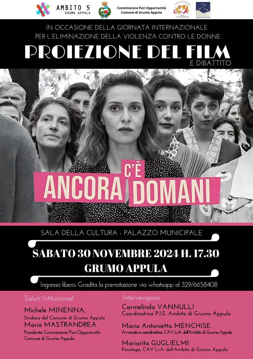 Sabato 30 Novembre alle 17:30, si tiene la proiezione del film “C’è ancora domani” di Paola Cortellesi, presso la Sala della Cultura del Palazzo Municipale di Grumo Appula.