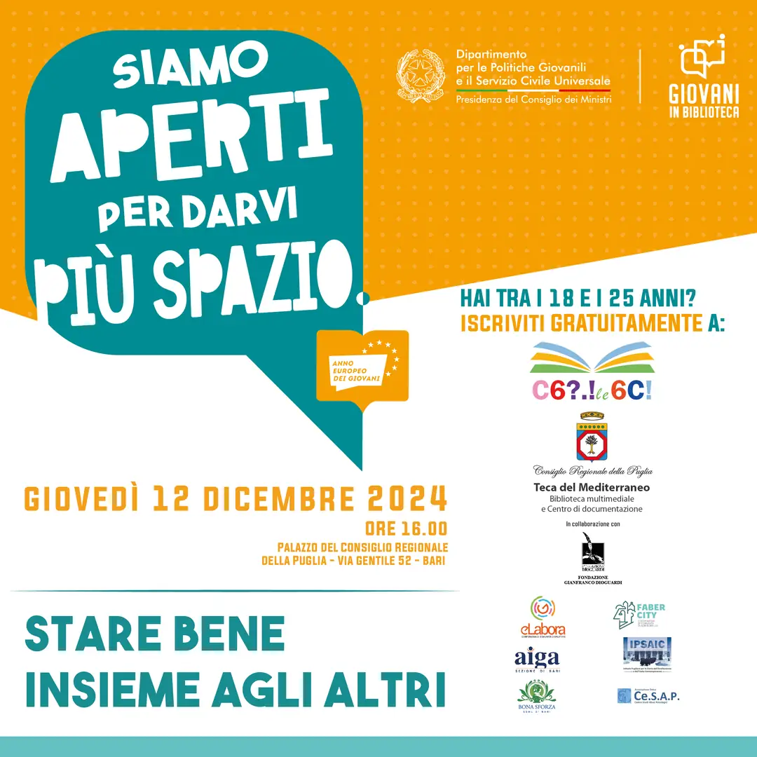 Giovedì 12 Dicembre 2024 alle 16:00, si tiene “Stare bene insieme agli altri”, undicesimo appuntamento del progetto C6?.! Le 6 C, nella “Teca del Mediterraneo” Biblioteca del Consiglio regionale della Puglia, in via Gentile 52 a Bari.