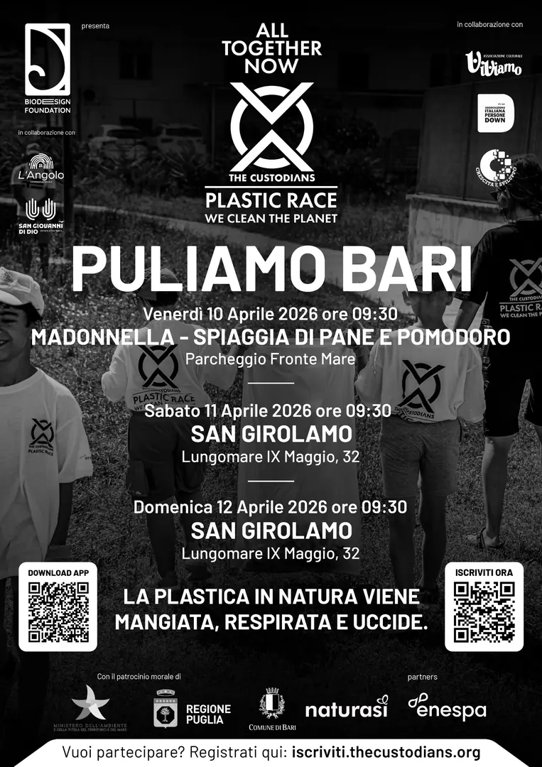 Dal 10 al 12 Aprile 2026, BioDesign Foundation promuove The Custodians Plastic Race - All Together”, un'attività di clean up ambientale a Bari: