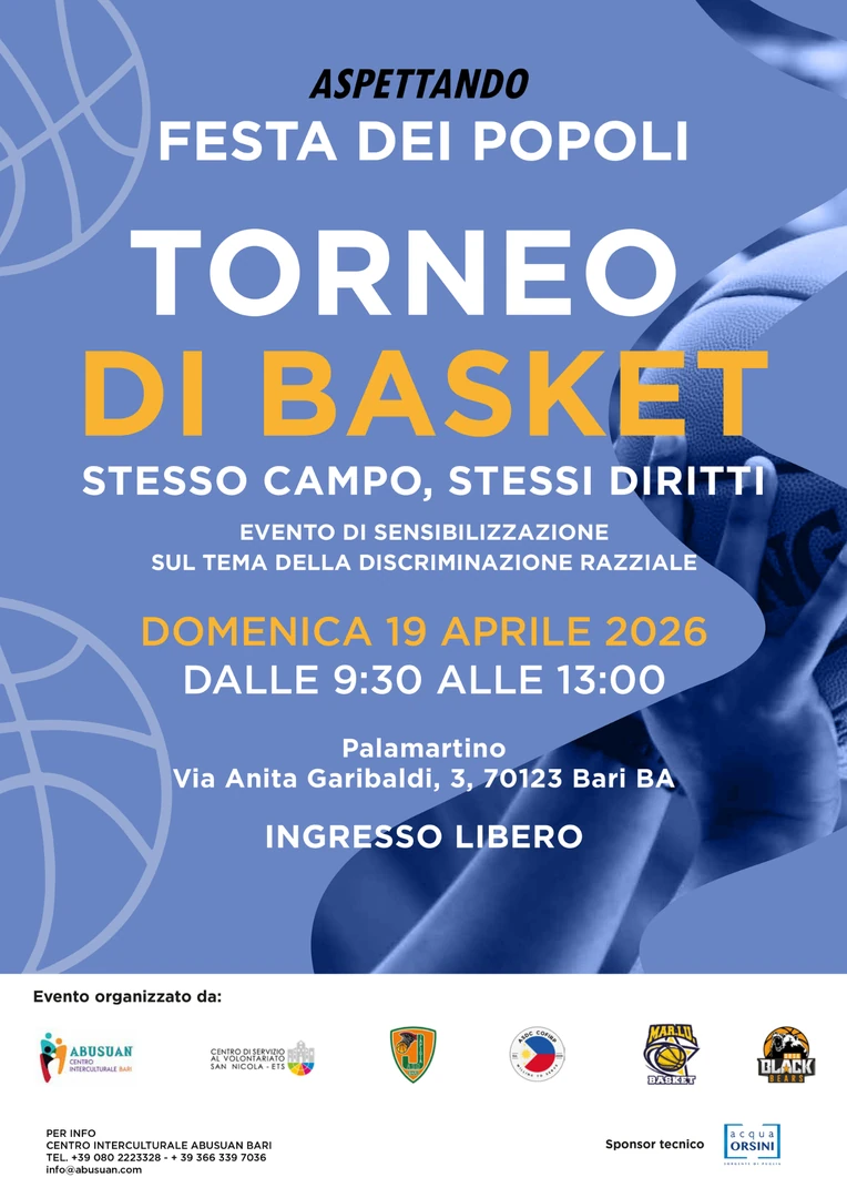 Domenica 19 Aprile 2026 dalle 9:30 alle 13:00, si tiene il torneo di basket “Stesso campo, stessi diritti”, nel Palamartino di Bari in via Napoli 260. Ingresso libero.