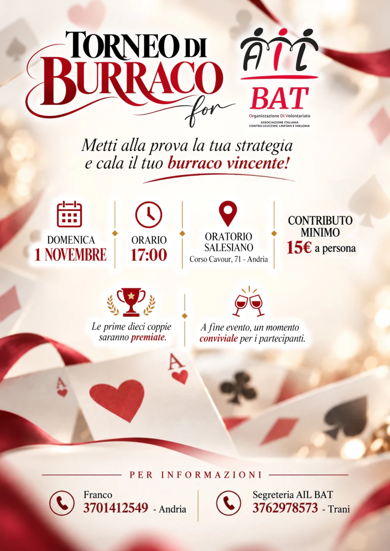Torneo di Burraco for AIL BAT, domenica 1 Novembre 2026 alle 17:00 all’Oratorio Salesiano di Andria; contributo minimo 15 euro a persona.