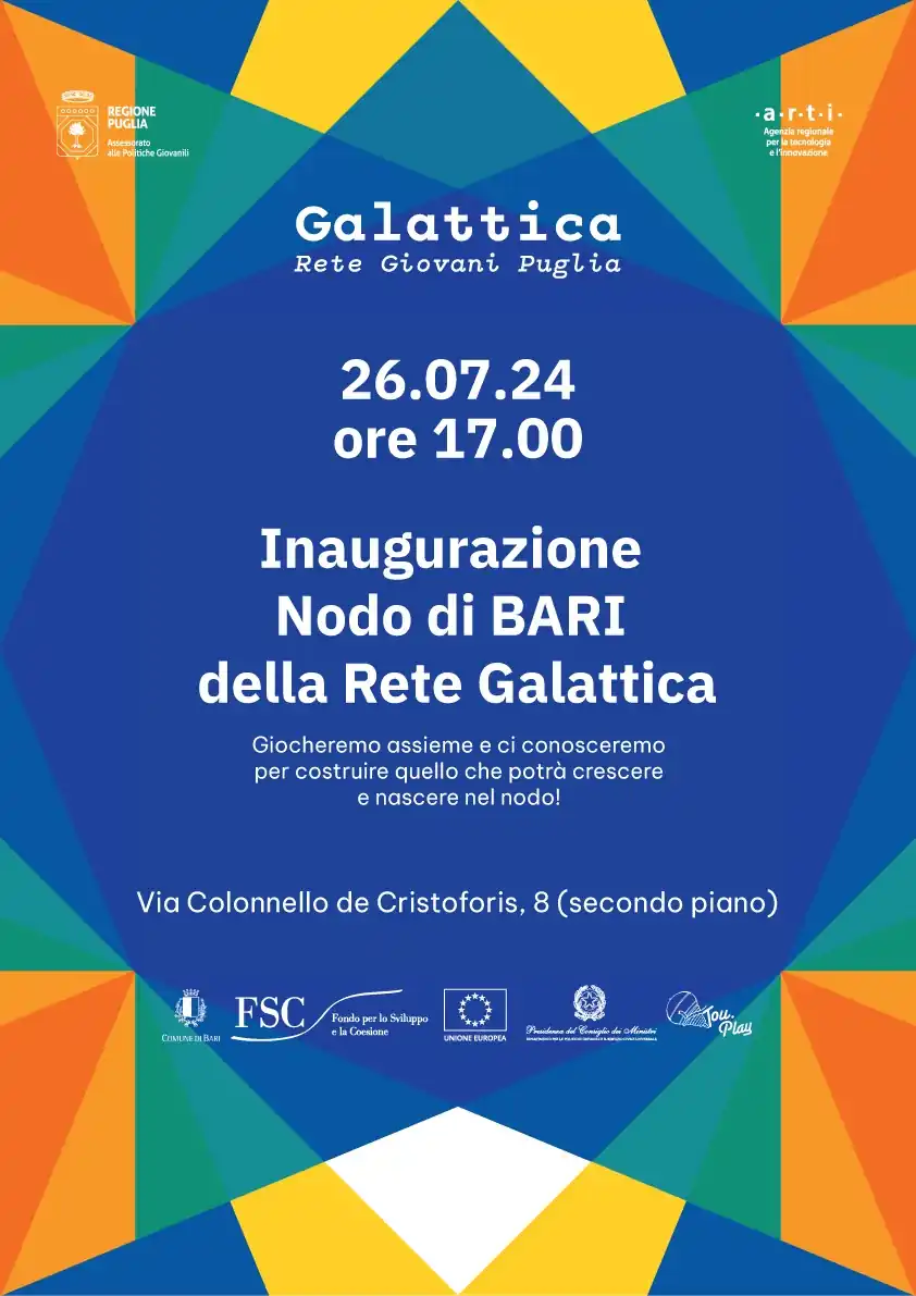Tou Play ETS Inaugurazione Nodo Bari rete giovani Galattica - Per favorire la giusta risonanza al progetto, è importante un'ampia partecipazione, infatti, l'inaugurazione sarà occasione per mostrare cos'è davvero Galattica e come si vuole supportare l'attivazione giovanile qui a Bari. Sarà un momento partecipato e aperto, di crescita e di costruzione di una rete al servizio dei giovani.
