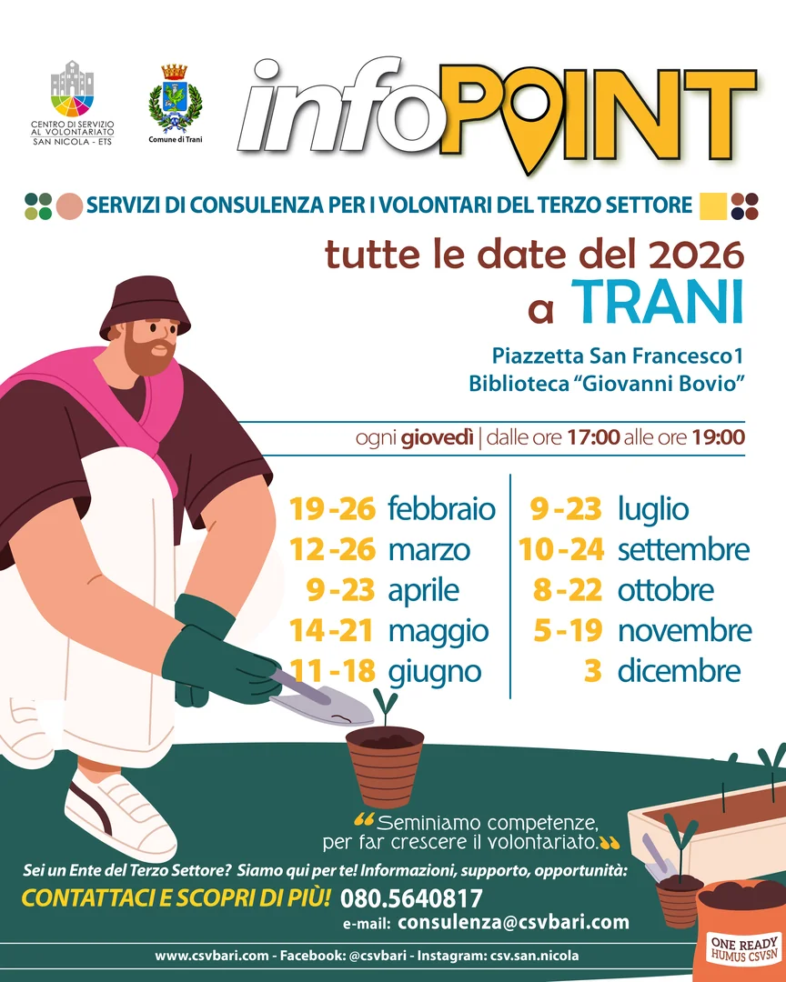 Nell'Info point di Trani, al primo piano della Biblioteca “Giovanni Bovio”, in piazzetta San Francesco 1, il Centro di Servizio al Volontariato San Nicola ETS offre assistenza tecnica e accompagnamento.