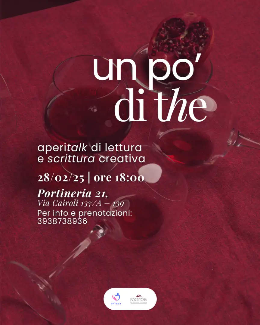 Venerdì 28 Febbraio 2025 a partire dalle 18:00, l’APS Univox ETS inaugura “Un po' di te” presso Portineria 21, in via Cairoli 137A a Bari. “Un po' di te” è un'iniziativa di socializzazione e di riflessione attiva rivolta a coloro che desiderino dedicare del proprio tempo a se stessi, alla scoperta di nuove passioni artistico-creative e alla condivisione di vissuti personali, in ottica peer to peer.