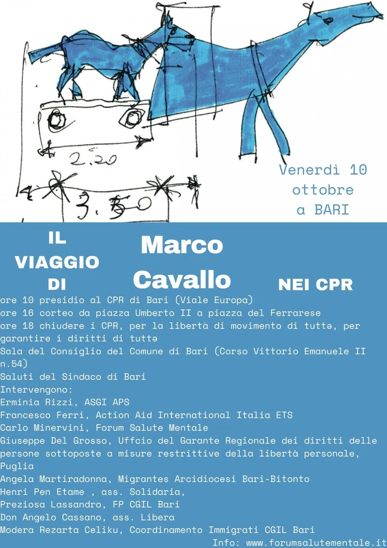 Venerdì 10 Ottobre 2025, “Il viaggio di Marco Cavallo” fa tappa al Centro di Permanenza per il Rimpatrio di Bari, in viale Europa.