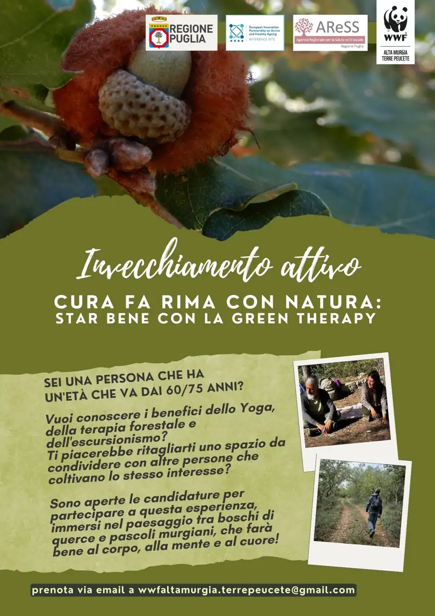 WWF Alta Murgia - Terre Peucete avvia il progetto a partecipazione gratuita “Cura fa rima con Natura: star bene con la Green Therapy” finanziato da AReSS - Agenzia Regionale per la Salute e il Sociale, presso l'Oasi WWF Il Rifugio Mellitto, in Località Mellitto, frazione di Grumo Appula. Saranno svolte attività di yoga e attività di trekking.