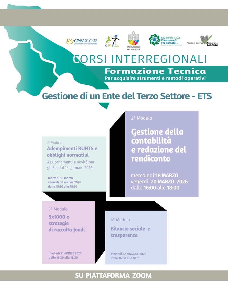 Mercoledì 18 e venerdì 20 Marzo 2026 dalle 16:00 alle 18:00, teniamo il modulo “Gestione della contabilità e redazione del rendiconto” su piattaforma Zoom, con link di accesso inviato agli iscritti tramite e-mail prima dell’inizio del modulo. La formazione è tenuta da Antonella Di Muro e Nicola Campanella. Iscrizioni aperte dalle 18:30 del 26/02 alle 10:00 del 18/03.