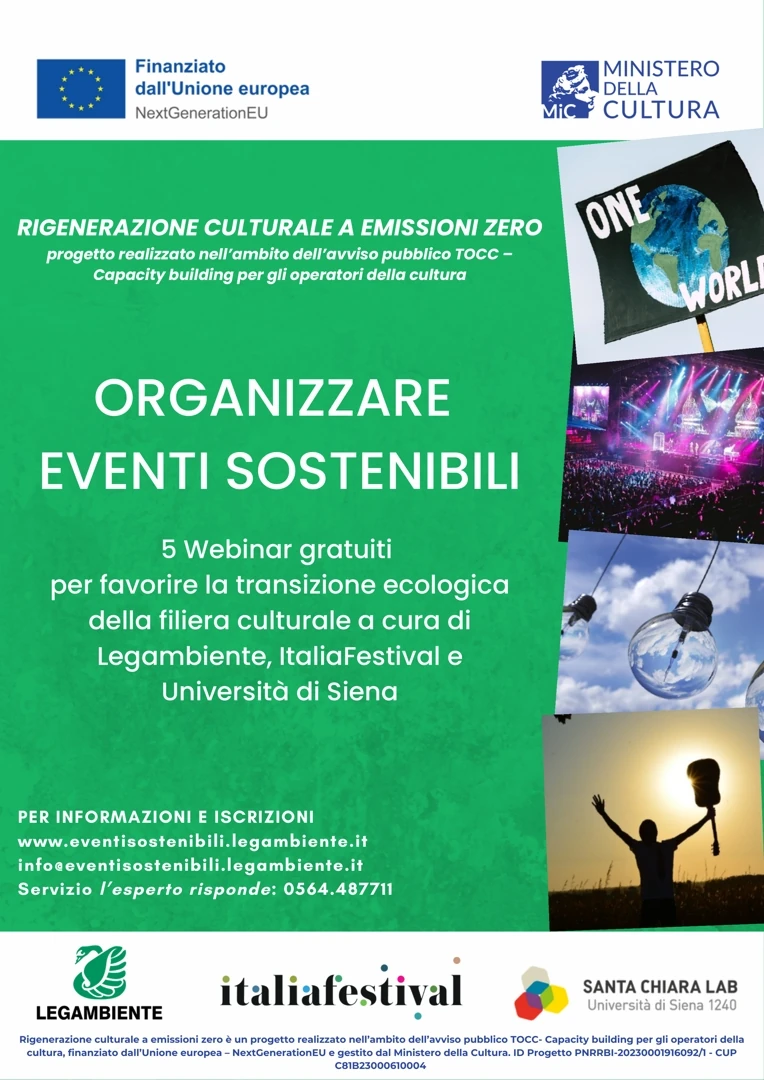 Dal mese di Ottobre, tornano i webinar gratuiti “Green Event Management” curati da Legambiente Nazionale APS - Rete Associativa - ETS, ItaliaFestival e Università di Siena.