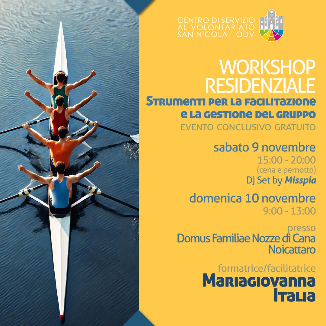 Workshop residenziale Domus Familiae Nozze di Cana a Noicattaro (S.C. Schiamante 2) Evento conclusivo gratuito sabato 9 Novembre 2024 ore 15:00: formazione ore 20:00: cena a seguire DJ Set Misspia pernotto domenica 10 Novembre 2024 ore 9:00: colazione ore 10:00: formazione ore 13:00: conclusione dei lavori