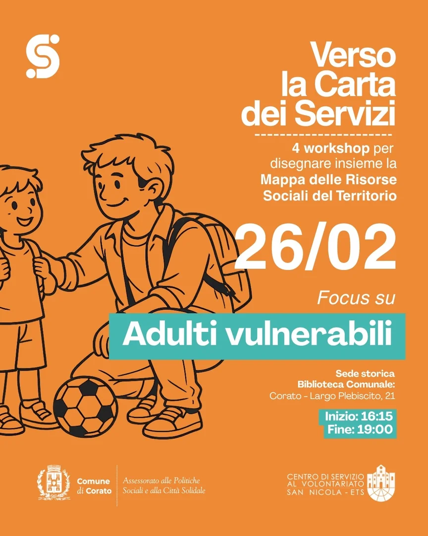 Dal 19 Febbraio al 26 Marzo 2026, il Comune di Corato e il Centro di Servizio al Volontariato San Nicola ETS, nell'ambito del progetto “Corato Sociale. Il welfare a misura di comunità”, organizzano “Verso la Carta dei Servizi” un percorso di 4 workshop per disegnare la mappa delle risorse sociali del territorio, presso la Biblioteca Comunale di Corato in largo Plebiscito 21.