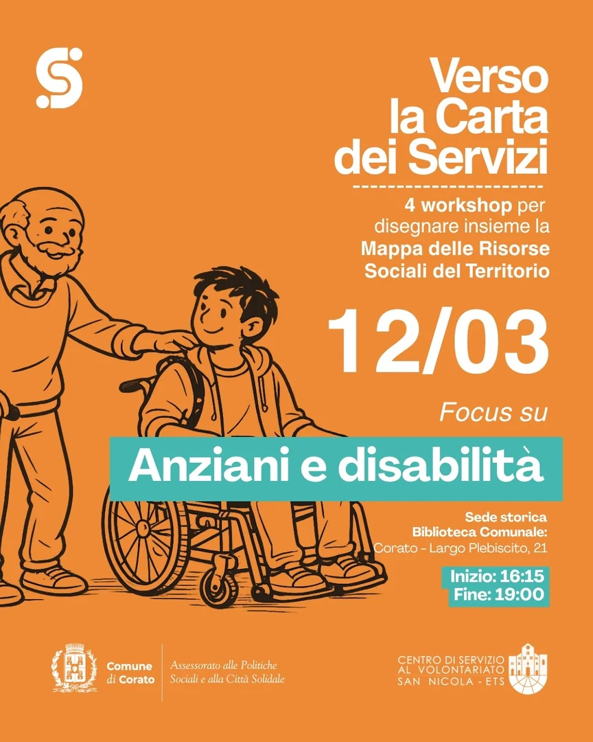 Dal 19 Febbraio al 26 Marzo 2026, il Comune di Corato e il Centro di Servizio al Volontariato San Nicola ETS, nell'ambito del progetto “Corato Sociale. Il welfare a misura di comunità”, organizzano “Verso la Carta dei Servizi” un percorso di 4 workshop per disegnare la mappa delle risorse sociali del territorio, presso la Biblioteca Comunale di Corato in largo Plebiscito 21.