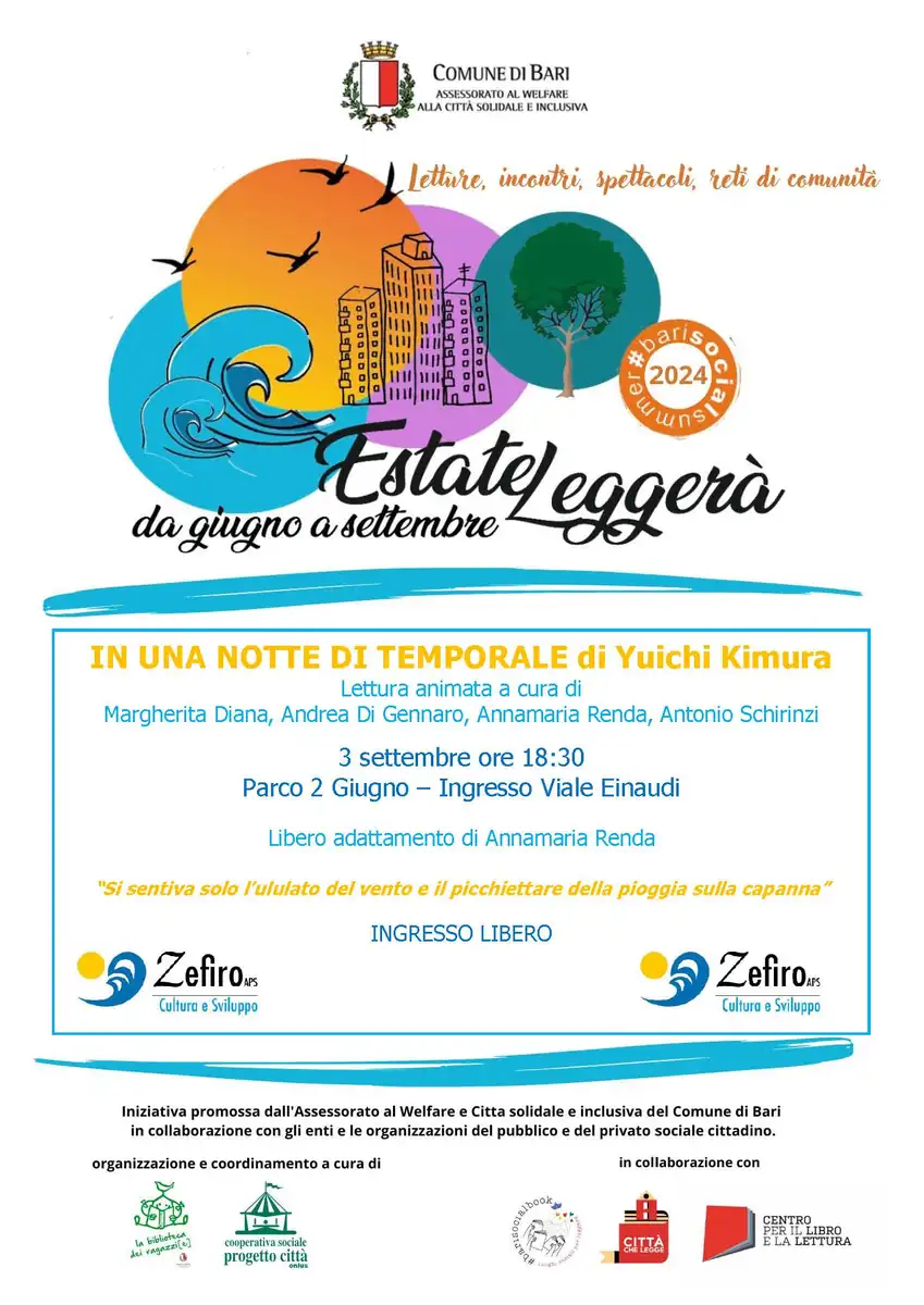 Martedì 3 Settembre 2024, alle ore 18:30, presso il Parco 2 Giugno di Bari, si terrà la lettura animata del celebre libro per ragazzi “In una notte di temporale” di Yuichi Kimura. L’evento, organizzato dall’associazione Zefiro APS, sarà ospitato sotto l’installazione permanente “Pari dignità” inaugurata recentemente (progetto “Città re-attive contro la violenza di genere”).