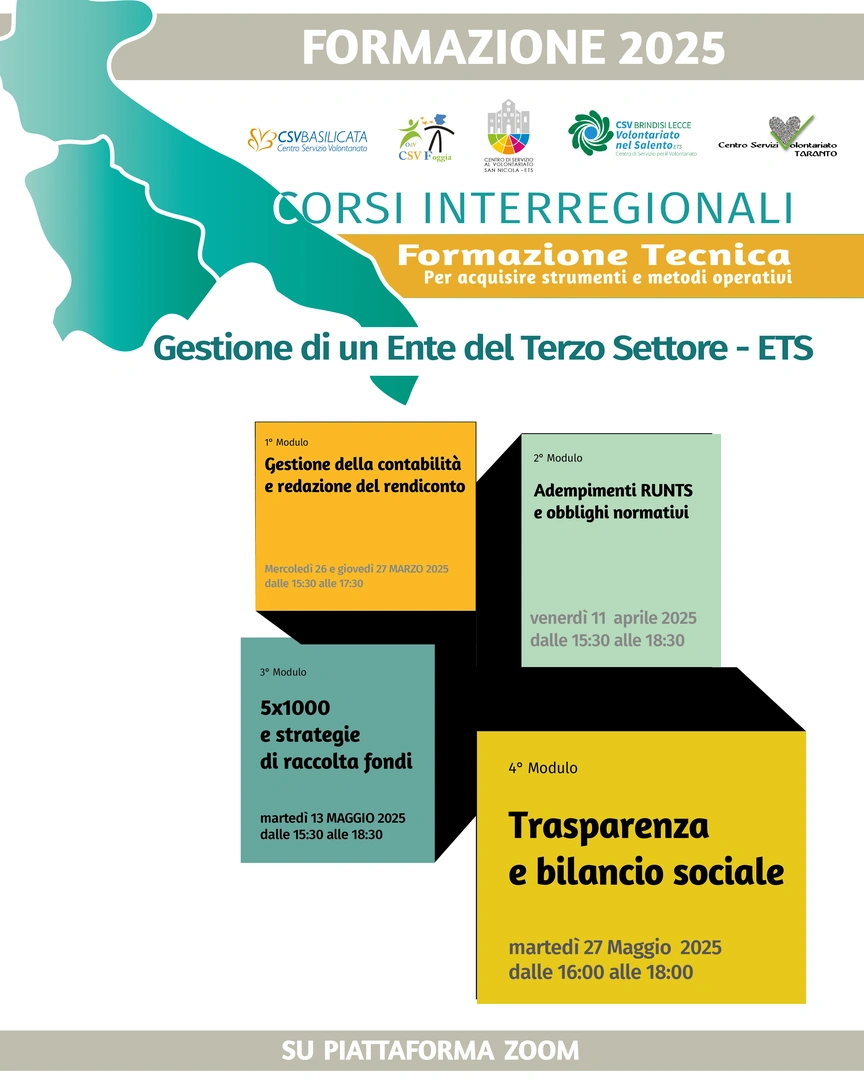 Martedì 27 Maggio 2025 dalle 16:00 alle 18:00 teniamo il modulo “Trasparenza e bilancio sociale” su piattaforma Zoom, con link di accesso inviato agli iscritti tramite e-mail prima dell’inizio del modulo. La formazione è tenuta da Eleonora Cerulli.