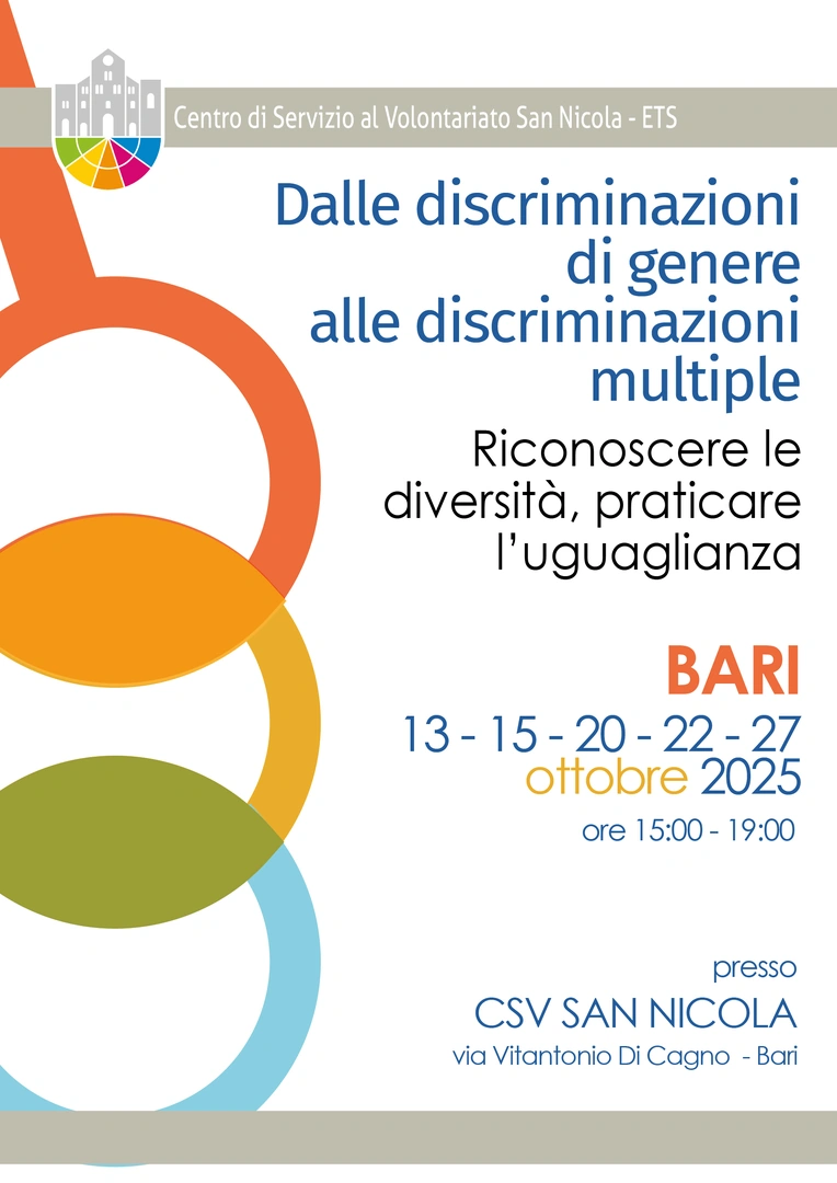 Dal 13 al 27 Ottobre 2025 dalle 15:00 alle 19:00, organizziamo il corso di formazione gratuito “Dalle discriminazioni di genere alle discriminazioni multiple - Riconoscere le diversità, praticare l’uguaglianza” con Rosy Paparella, counselor ed esperta in tematiche di genere e sociali, nella Sala formazione del Centro di Servizio al Volontariato San Nicola ETS, in via Vitantonio di Cagno 30 a Bari.