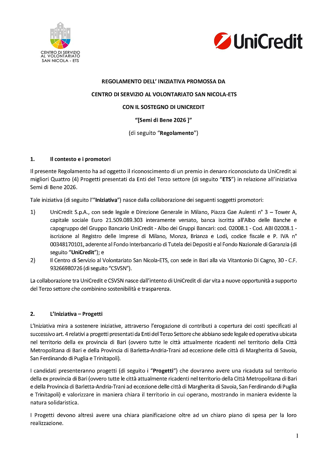 Regolamento Bando “Semi di bene”