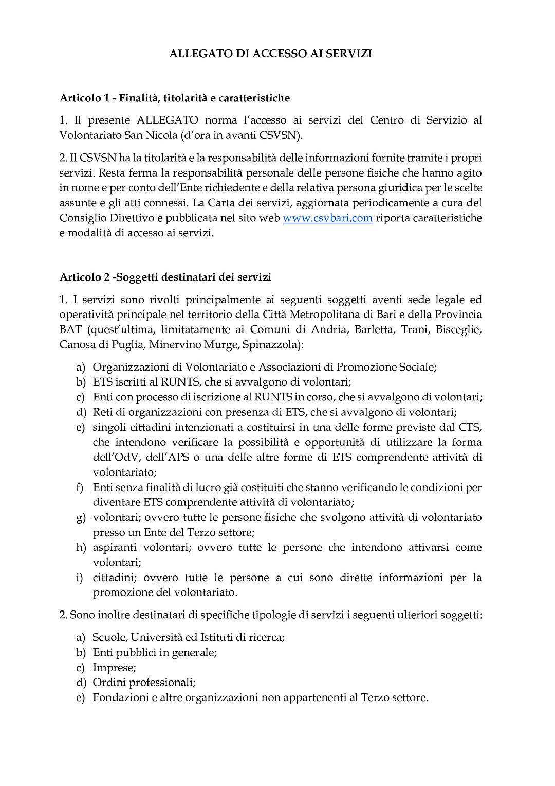 Allegato di accesso ai servizi