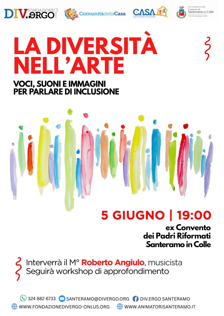 Giovedì 5 Giugno 2025 alle 19:00, prosegue il ciclo di incontri “La diversità nell’Arte. Voci, suoni e immagini per parlare di inclusione” organizzato da Associazione C.A.SA. Comunità Animatori Santeramo OdV, Comunità della Casa e Fondazione Div.ergo – Onlus, con l’intervento del maestro Roberto Angiulo, musicista e musicoterapeuta, cui segue un workshop di approfondimento, presso l’ex Convento dei Padri riformati di Santeramo in Colle.