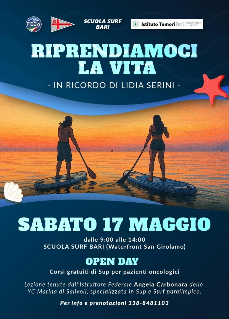 L’associazione PH8 La Salute è Contagiosa offre lezioni gratuite di SUP (tavola dove si sta in piedi e si pagaia in mare) a pazienti oncologici e persone con disabilità (minori e adulte), fino a esaurimento posti, presso la Scuola Surf Bari, al Waterfront di San Girolamo di Bari.