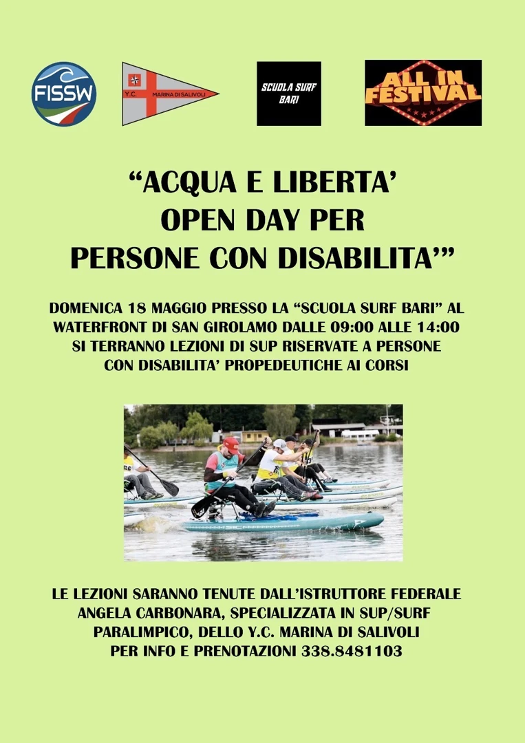 L’associazione PH8 La Salute è Contagiosa offre lezioni gratuite di SUP (tavola dove si sta in piedi e si pagaia in mare) a pazienti oncologici e persone con disabilità (minori e adulte), fino a esaurimento posti, presso la Scuola Surf Bari, al Waterfront di San Girolamo di Bari.