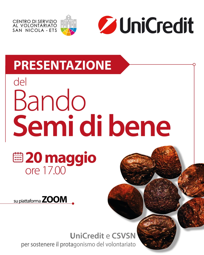 Mercoledì 20 Maggio 2026 alle 17:00, partecipa al webinar di presentazione del Bando “Semi di bene” su piattaforma ZOOM