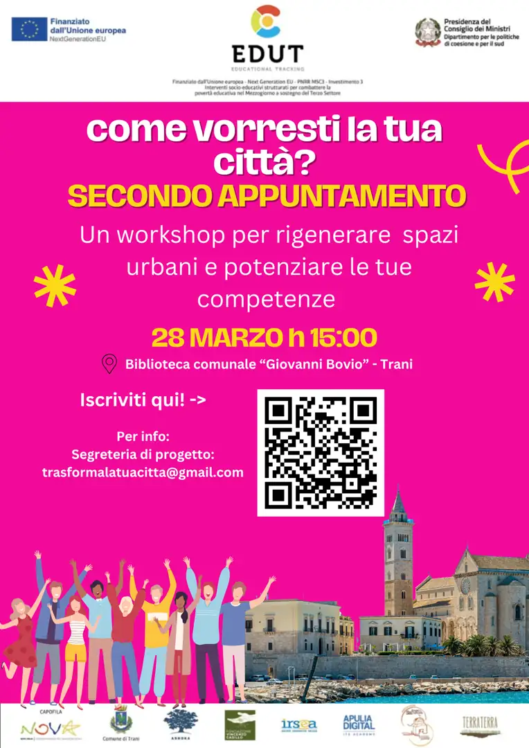 Venerdì 28 Marzo 2025 dalle 15:00 alle 18:00, Nova Onlus Consorzio di Cooperative Sociali - Società Cooperativa Sociale, con il supporto di Ashoka, e nell'ambito del progetto EDUT – Educational Tracking, promuove il secondo appuntamento del workshop “Come vorresti la tua città?” rivolto a giovani tra i 15 e i 20 anni, presso la Biblioteca comunale “Giovanni Bovio” di Trani.